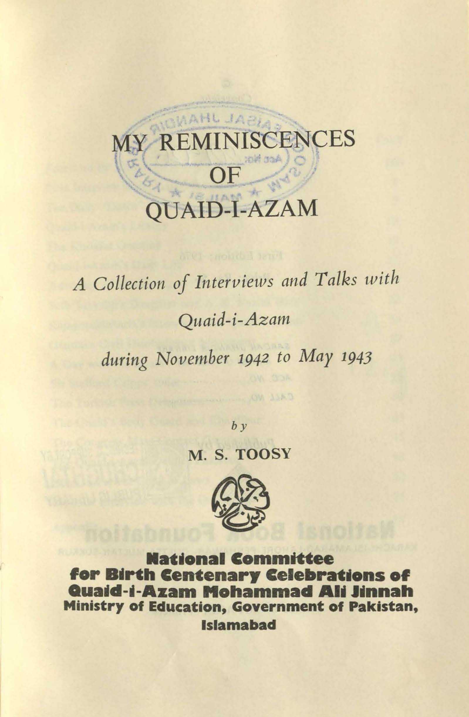 My reminiscences of Quaid-i-Azam