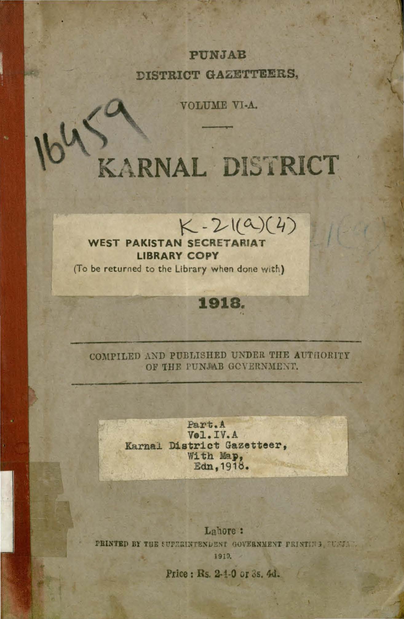 Punjab district Gazetteer Vol. IV, A  Karnal district with map 1918