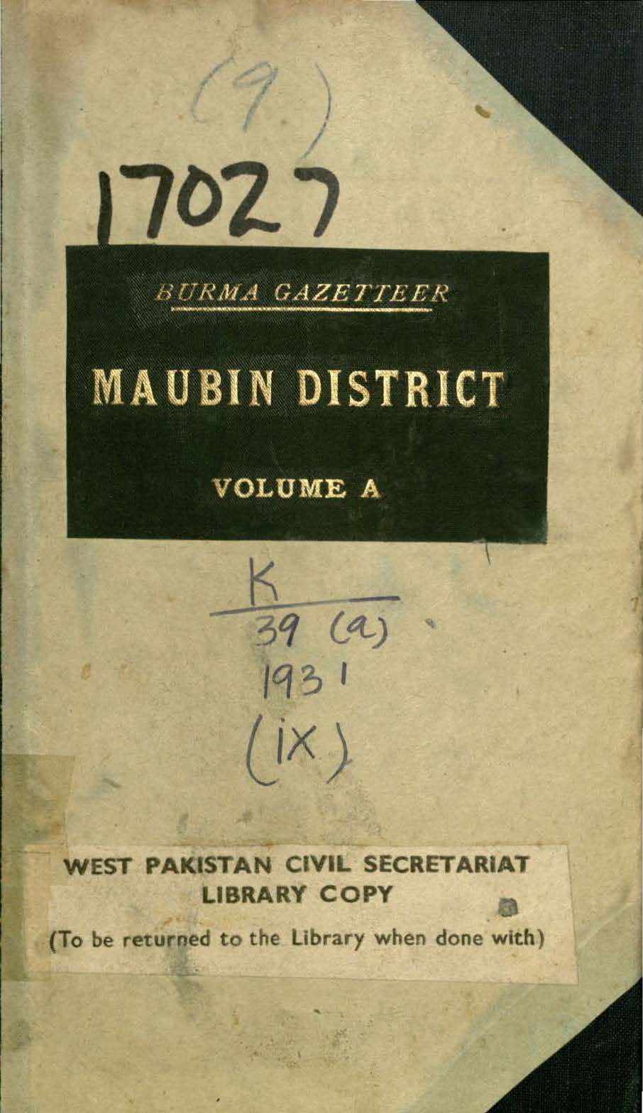 Burma Gazetteer Maubin District, Volume-A