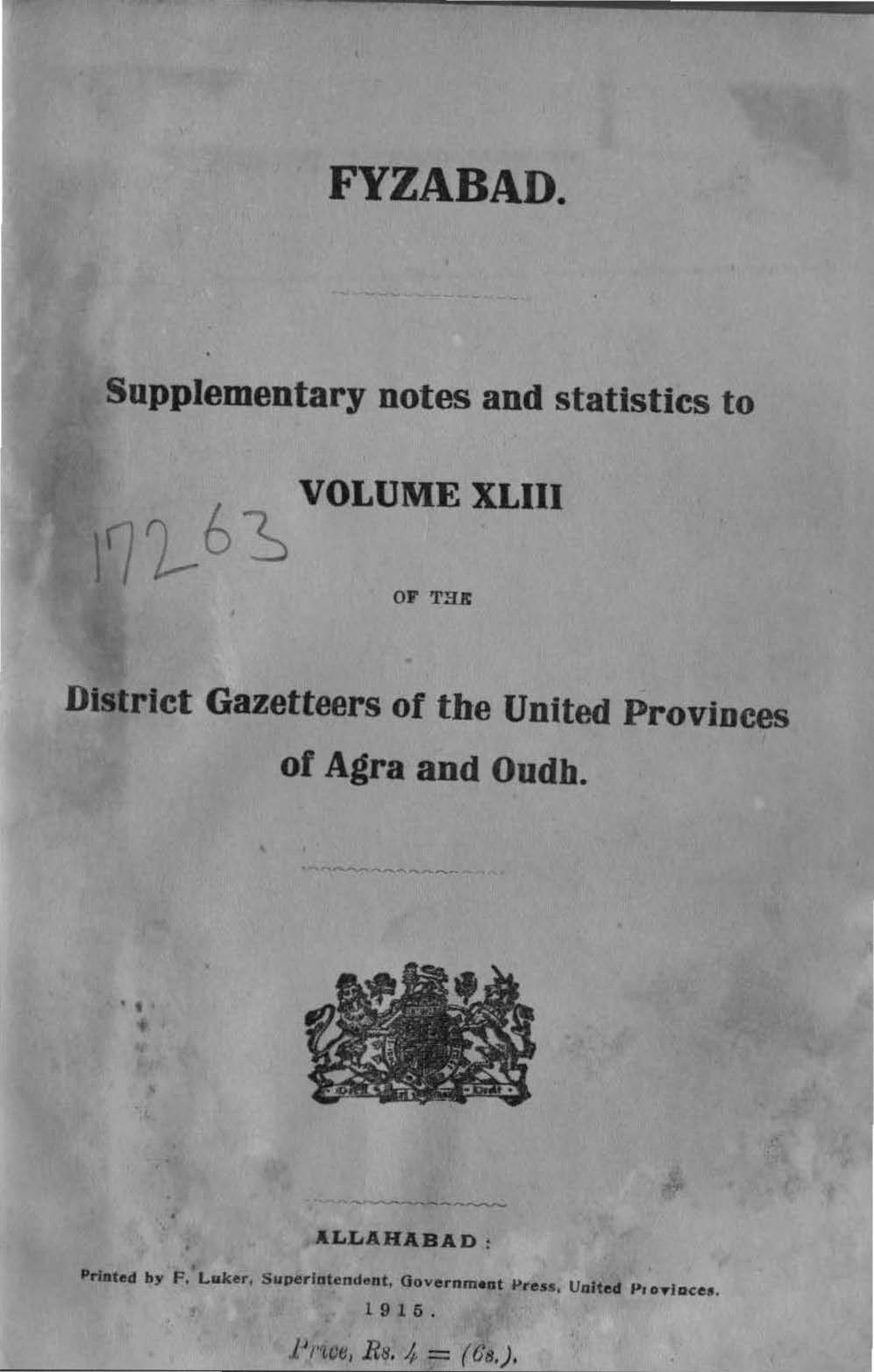 Fyzabad Supplementary notes and Statistics to Volume XLIII of the District Gazetteers of the United Provinces of Agra and Oudh