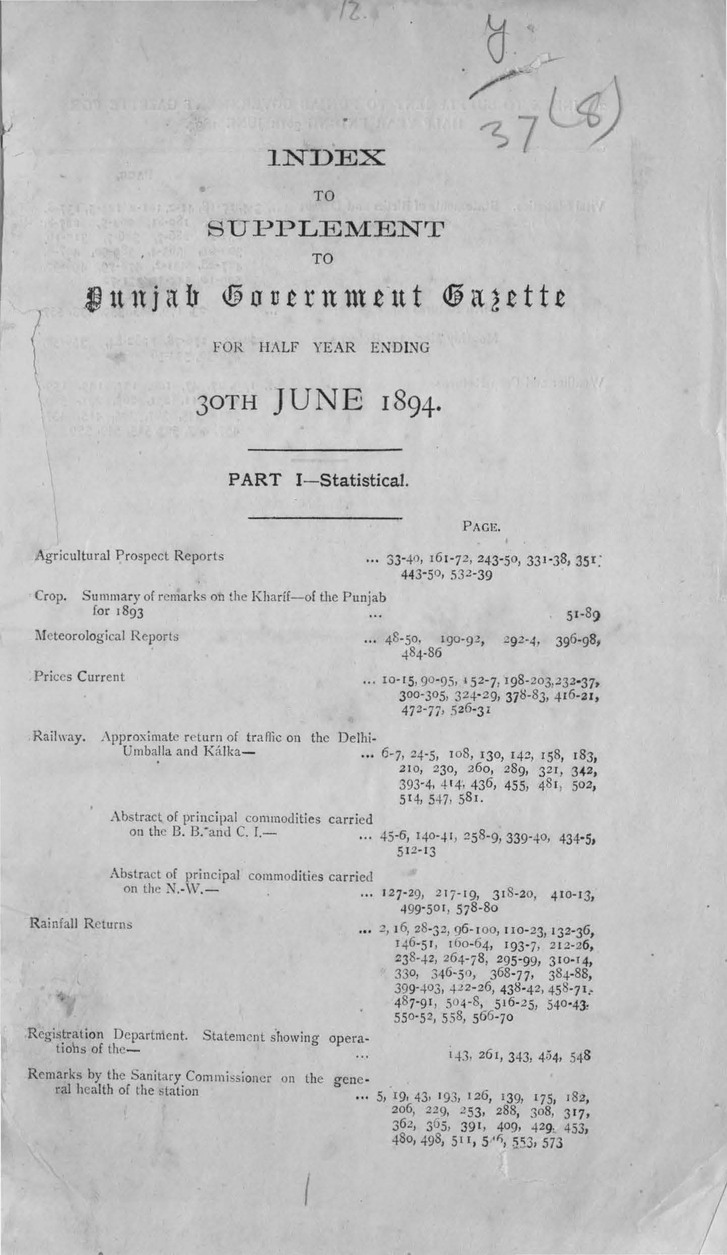 Index to Supplement to Punjab Government Gezette for the half year ending 30th June, 1894 (Part-I Statistical)