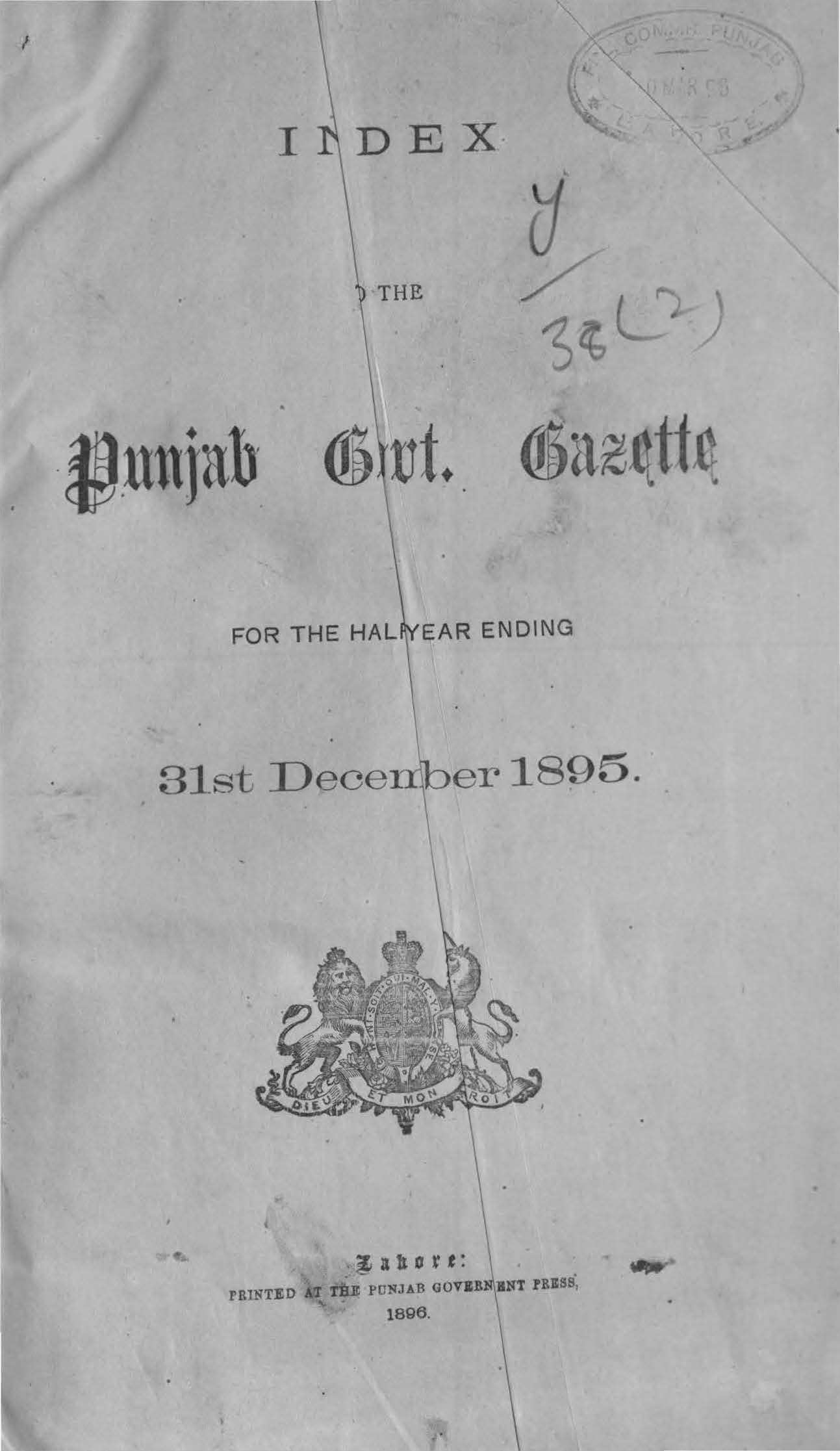 Index to the Punjab Govenrment Gazette for half year ending 31st December, 1895