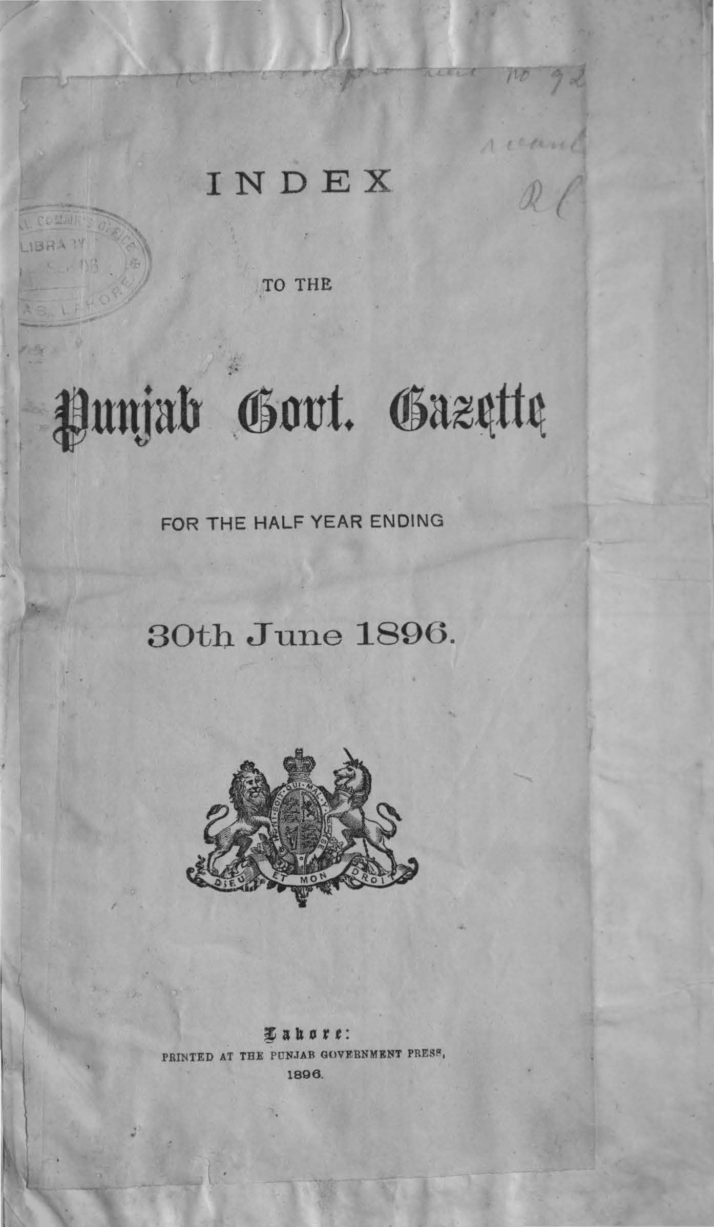 Index to the Punjab Govenrment Gazette for half year ending 30th June, 1896