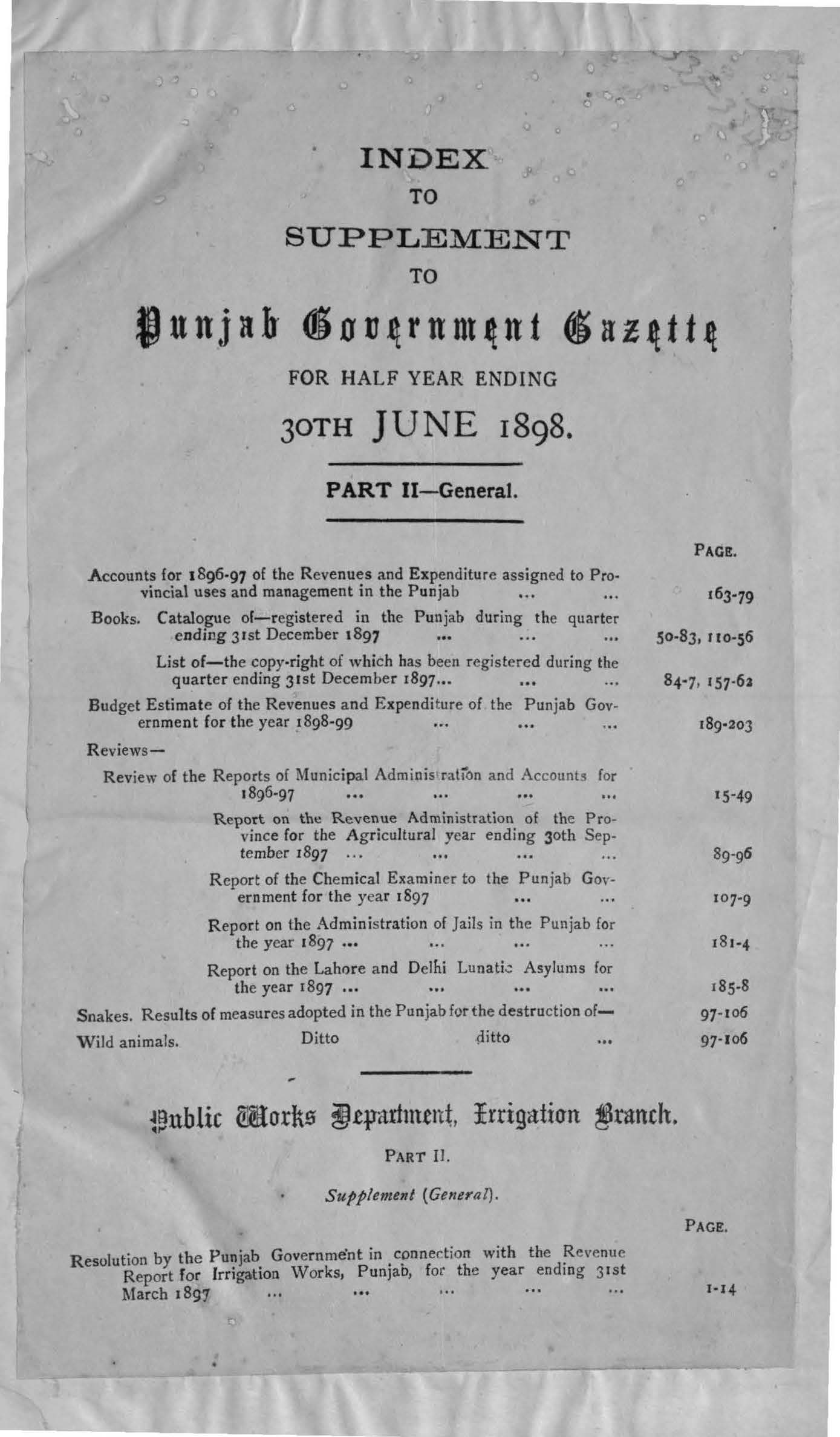 Index to Supplement to Punjab Government Gezette for the half year ending 30th June, 1898 (Part-II General)