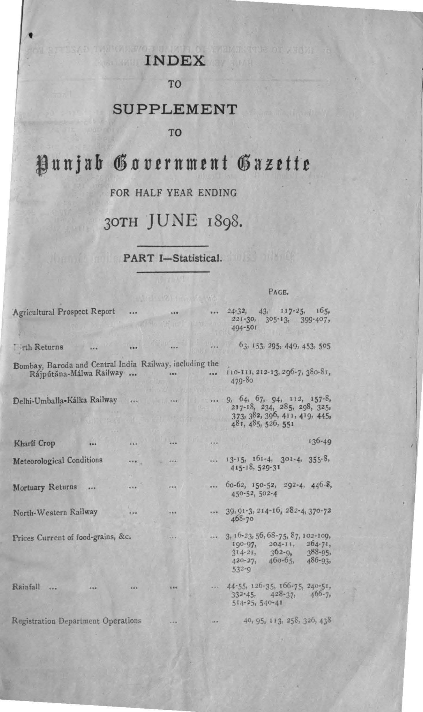 Index to Supplement to Punjab Government Gezette for the half year ending 30th June, 1898 (Part-I Statistical)