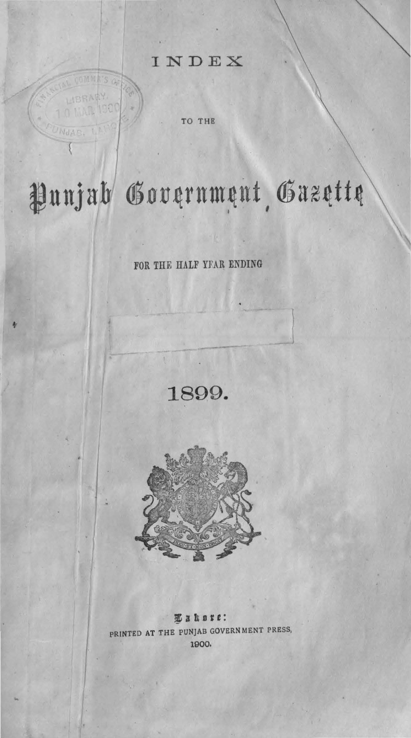 Index to the Punjab Govenrment Gazette for half year ending 30th June, 1899 