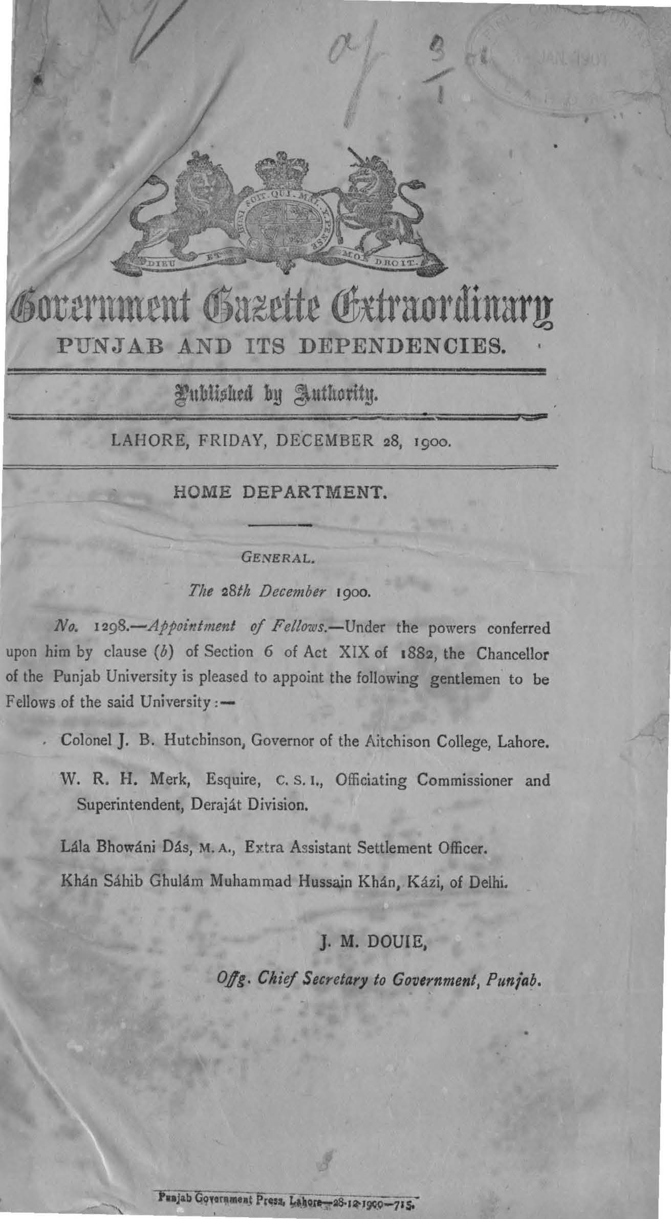 Government Gezette Extraordinary Punjab and Its Dependencies 1900