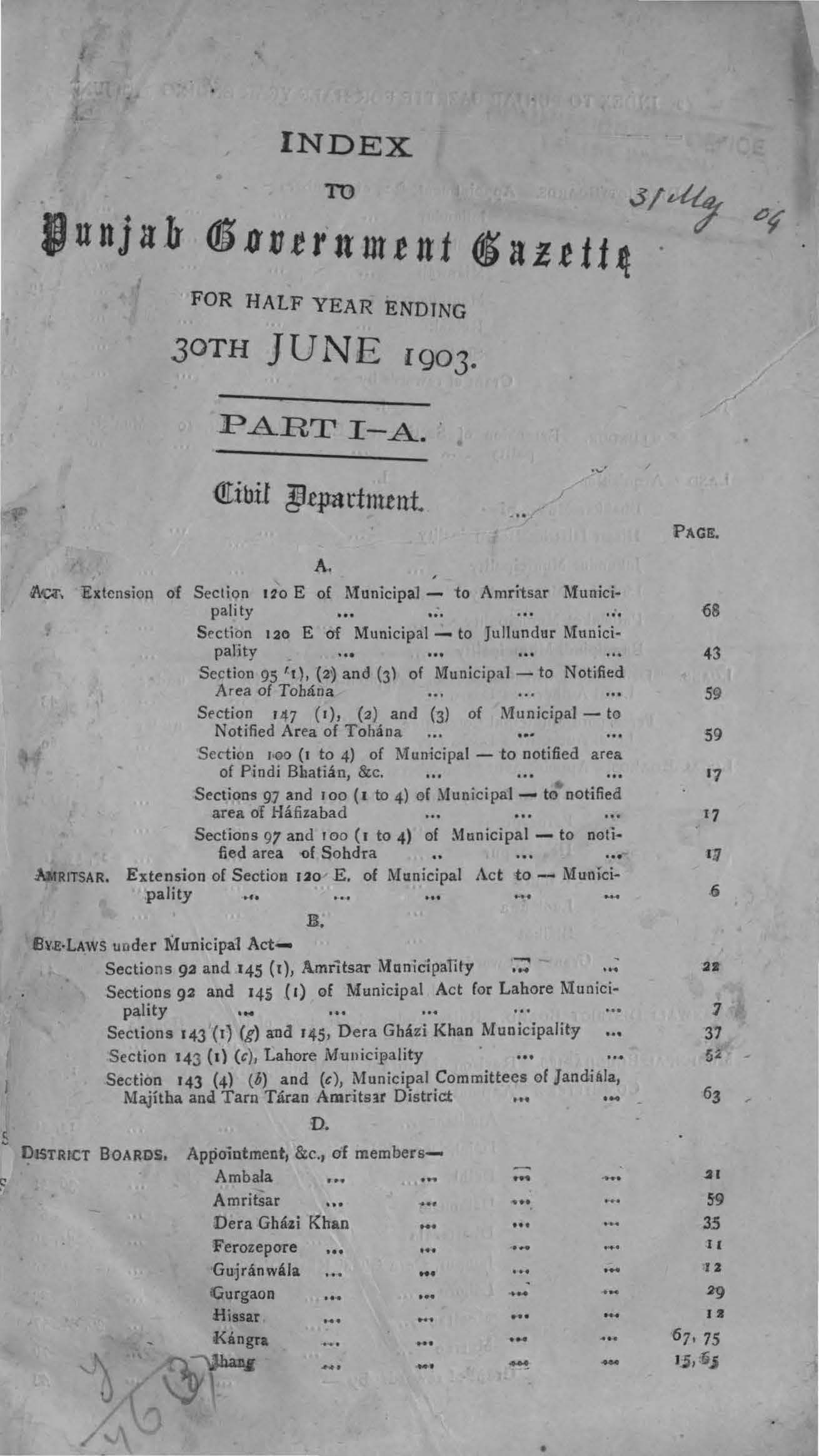 Index to the Punjab Govenrment Gazette for half year ending 30th June, 1903 (Part-I-A Civil Department)