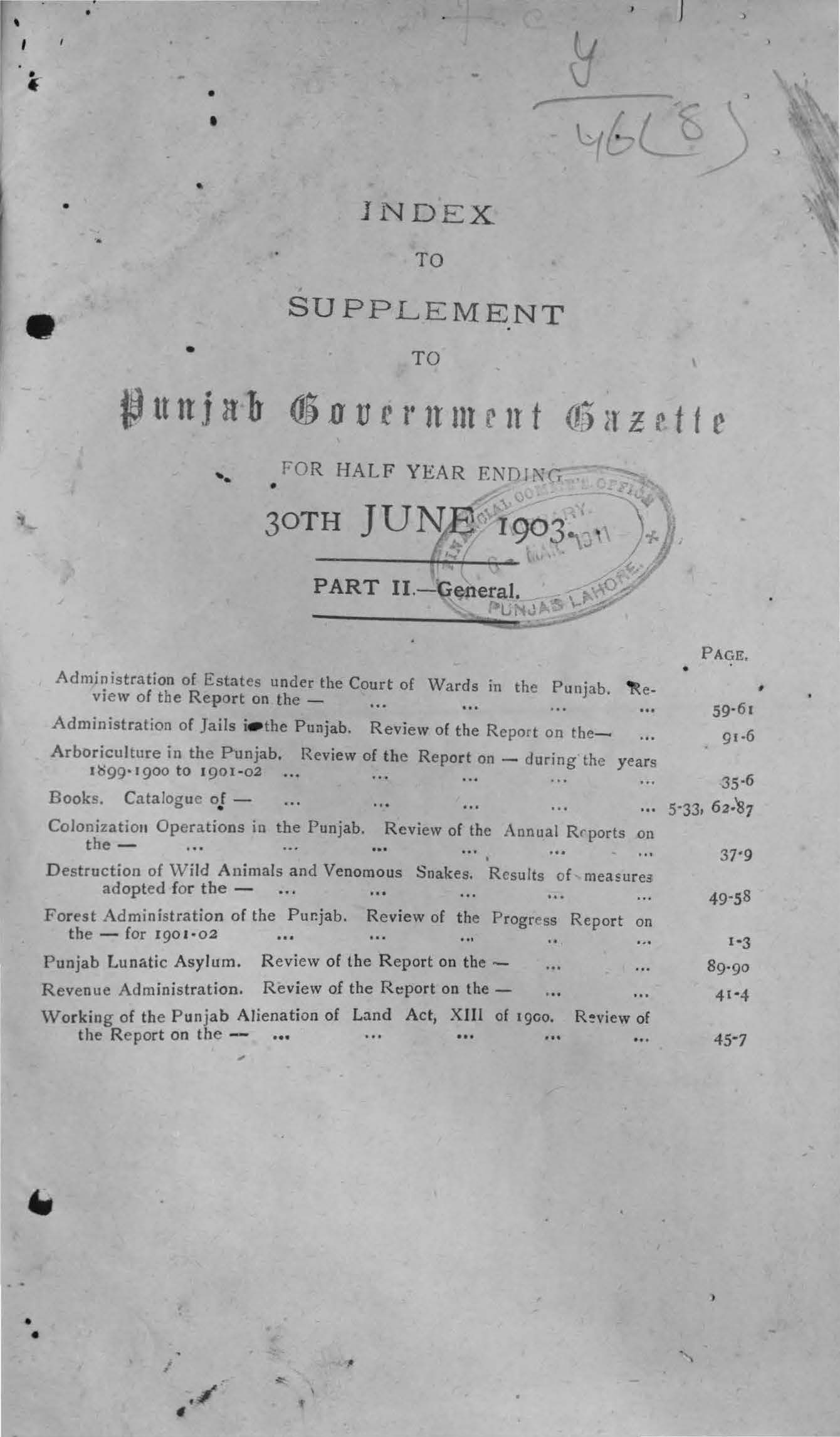 Index to Supplement to Punjab Government Gezette for the half year ending 30th June, 1903 (Part-II General)