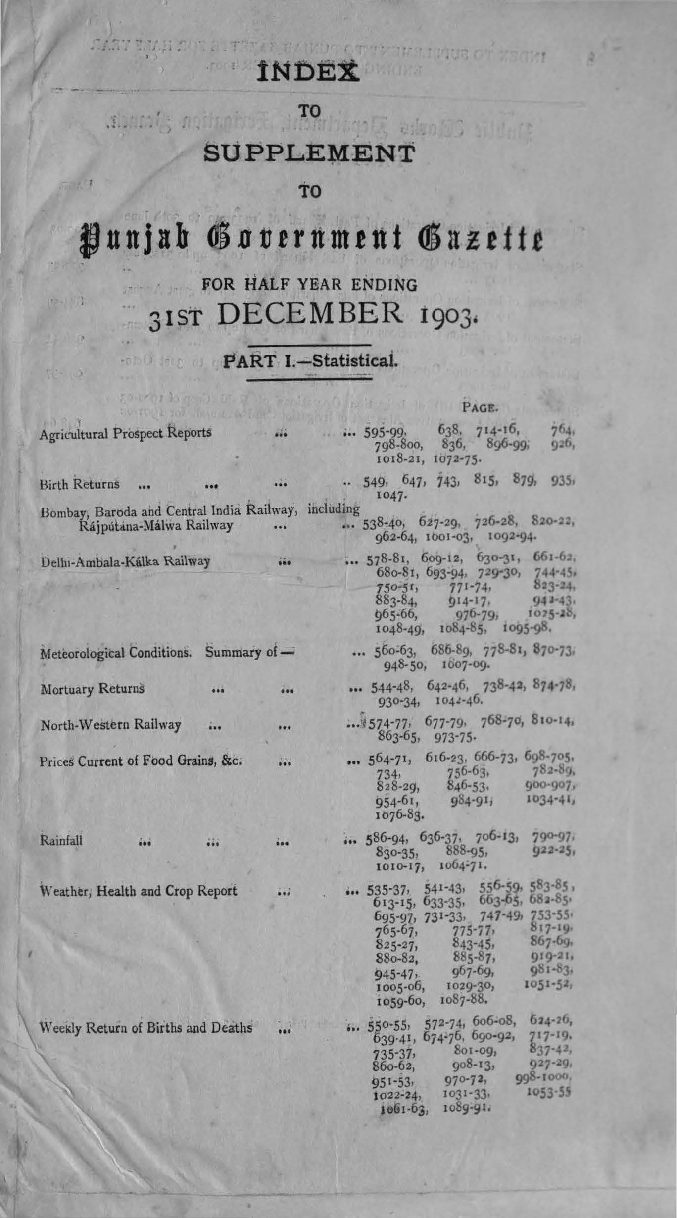 Index to Supplement to Punjab Government Gezette for the half year ending 31st Dec, 1903 (Part-I Statistical)