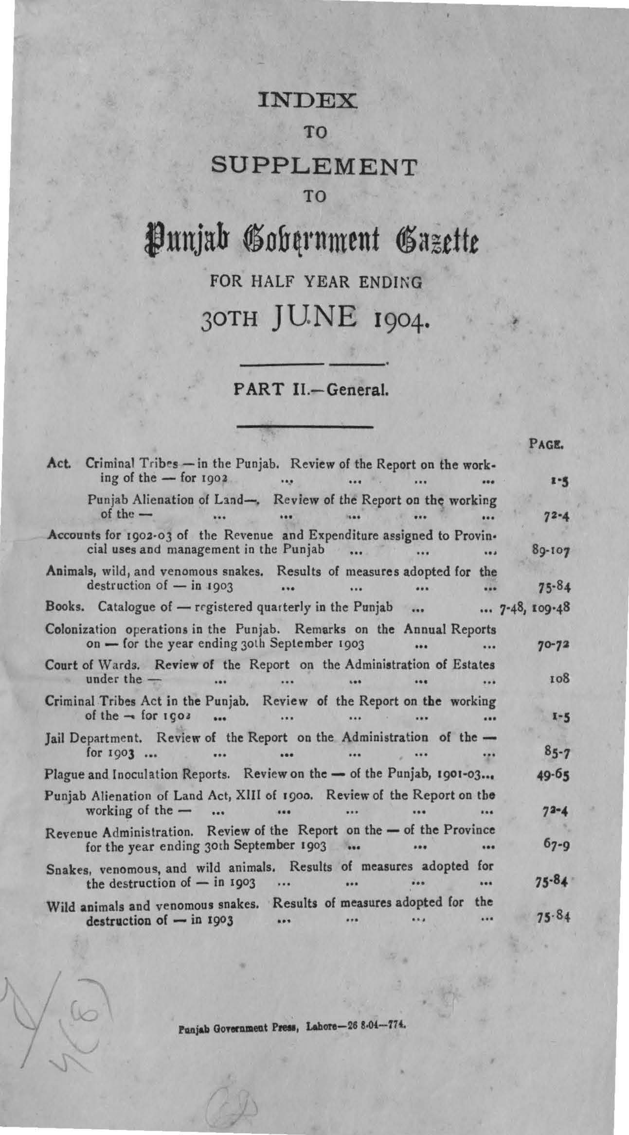 Index to Supplement to Punjab Government Gezette for the half year ending 30th June, 1904 (Part-II General)