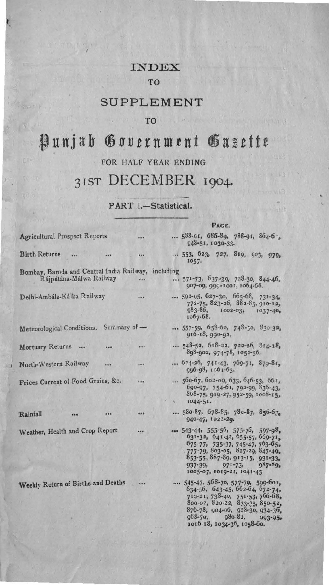 Index to Supplement to Punjab Government Gezette for the half year ending 31st Dec, 1904 (Part-I Statistical)