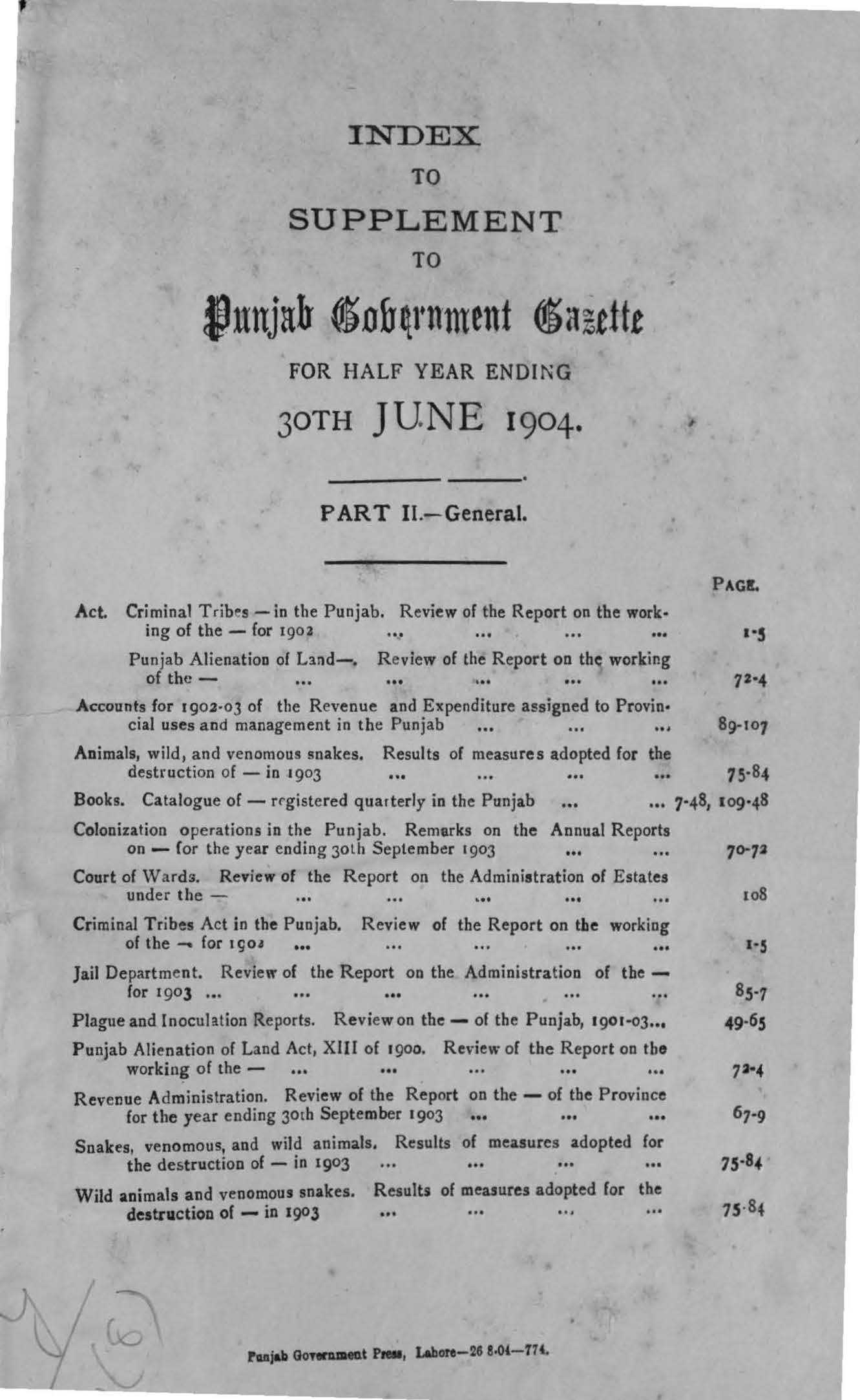 Index to Supplement to Punjab Government Gezette for the half year ending 30th June, 1904 (Part-II General)