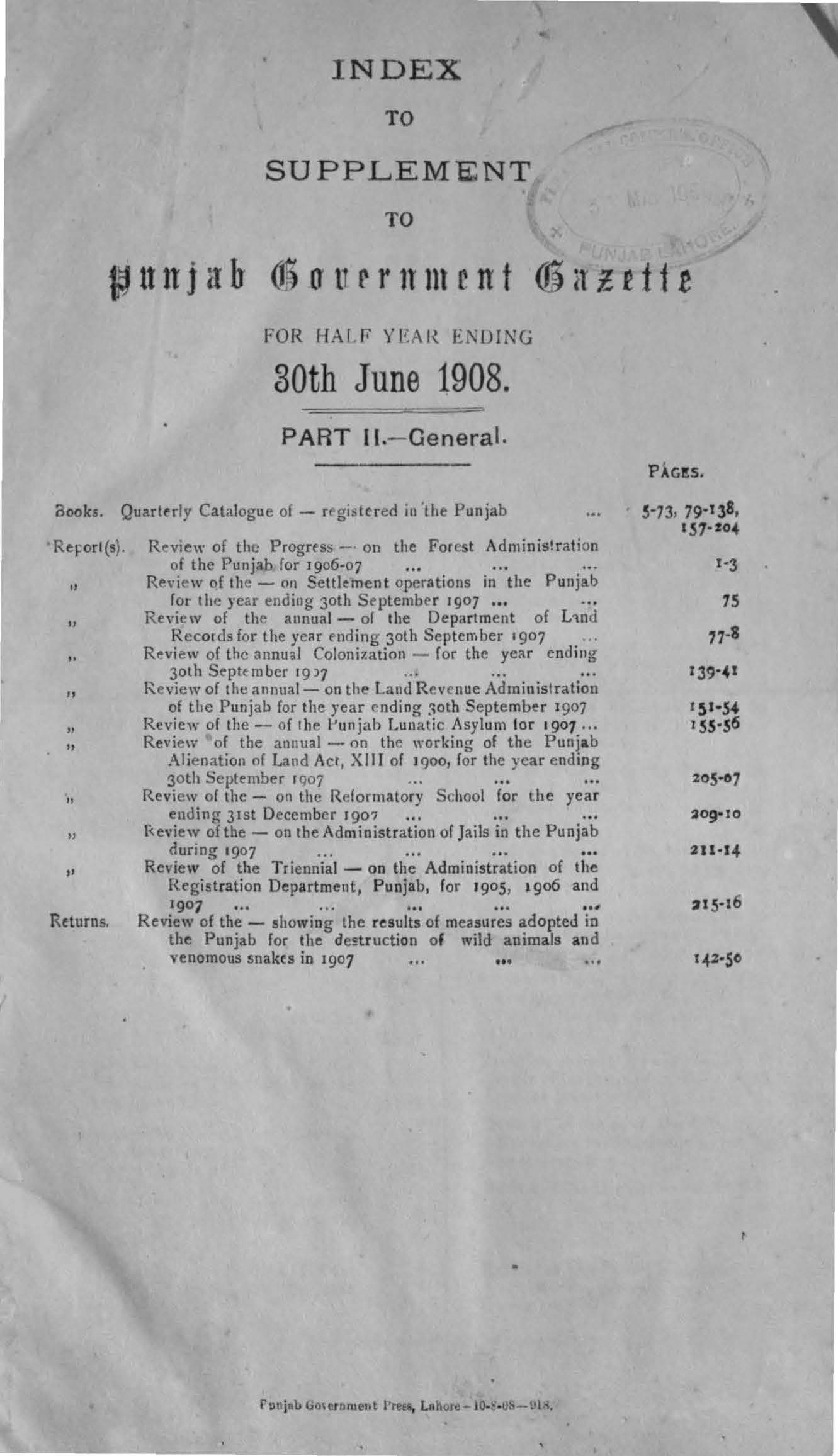 Index to Supplement to Punjab Government Gazette for half year ending 30th June 1908 (Part-II General)