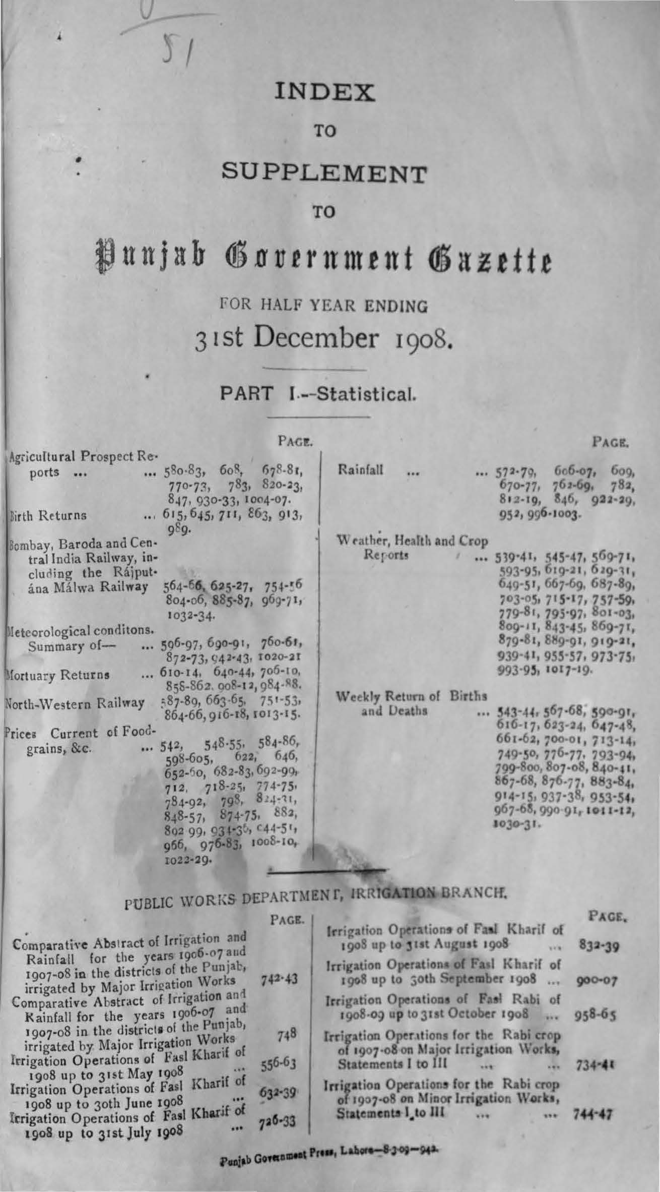 Index to Supplement to Punjab Government Gazette for half year ending 31st Dec, 1908 (Part-I Statistical)