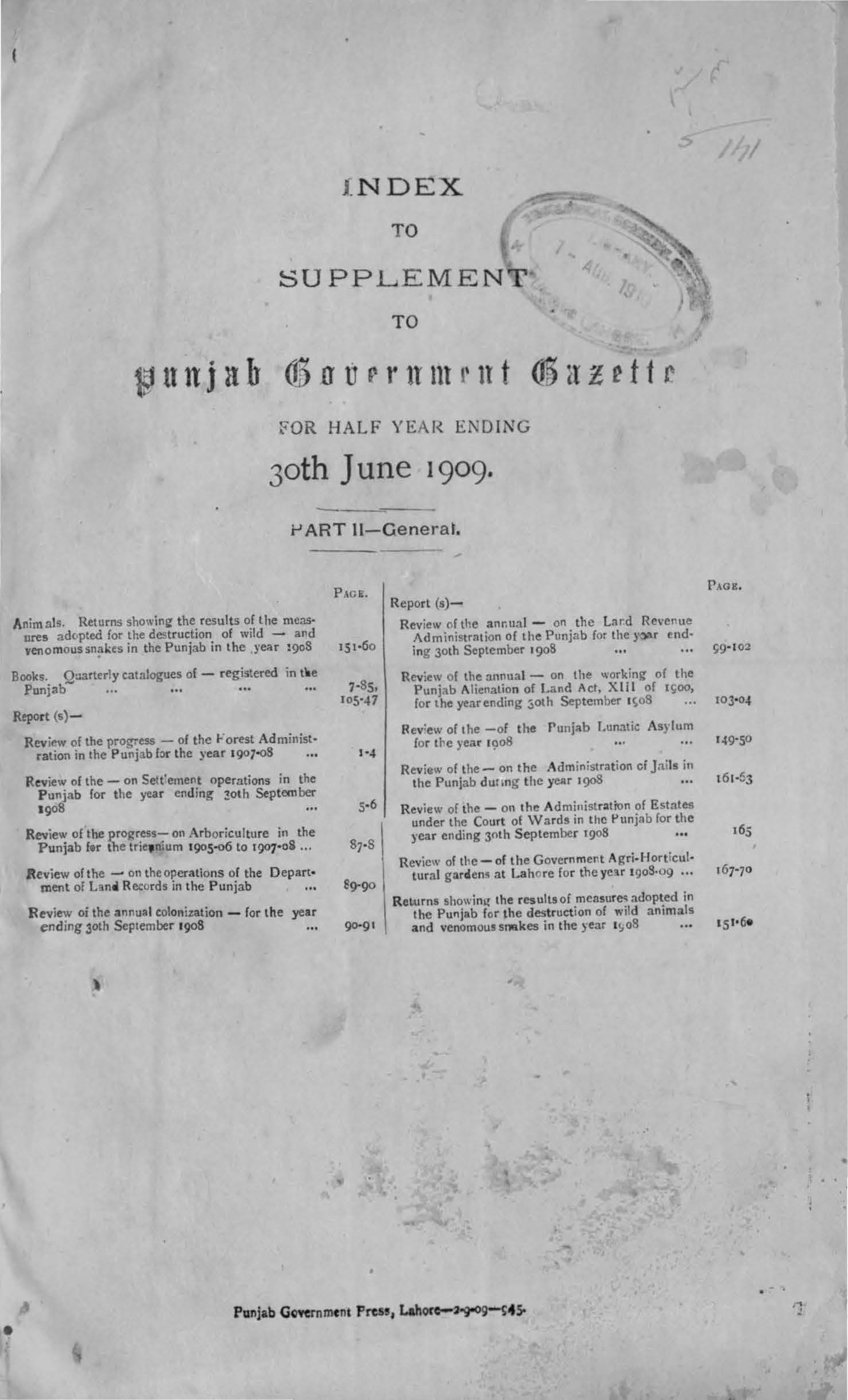 Index to Supplement to Punjab Government Gazette for half year ending 30th June 1909 (Part-II General)