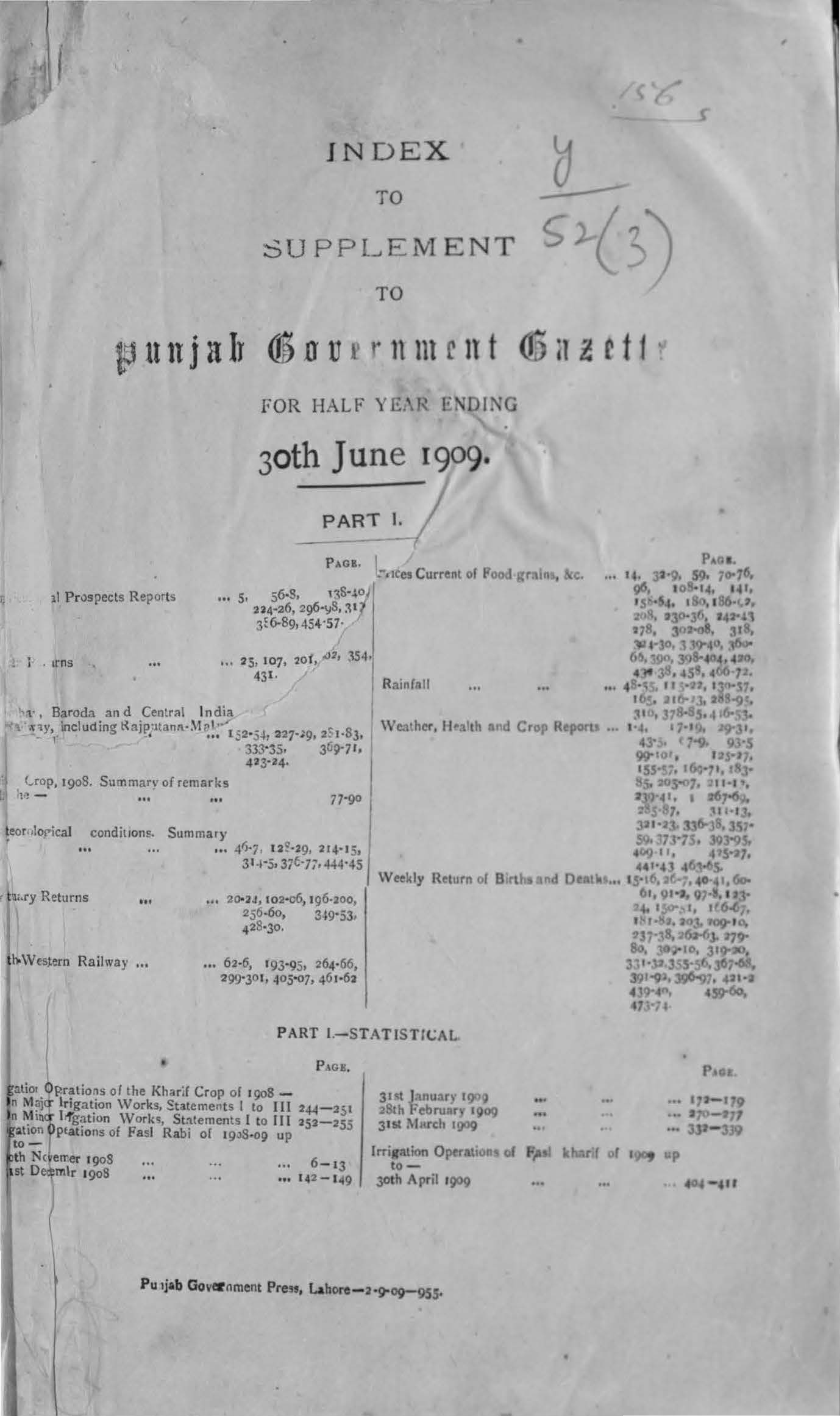 Index to Supplement to Punjab Government Gazette for half year ending 30th June 1909 (Part-I)