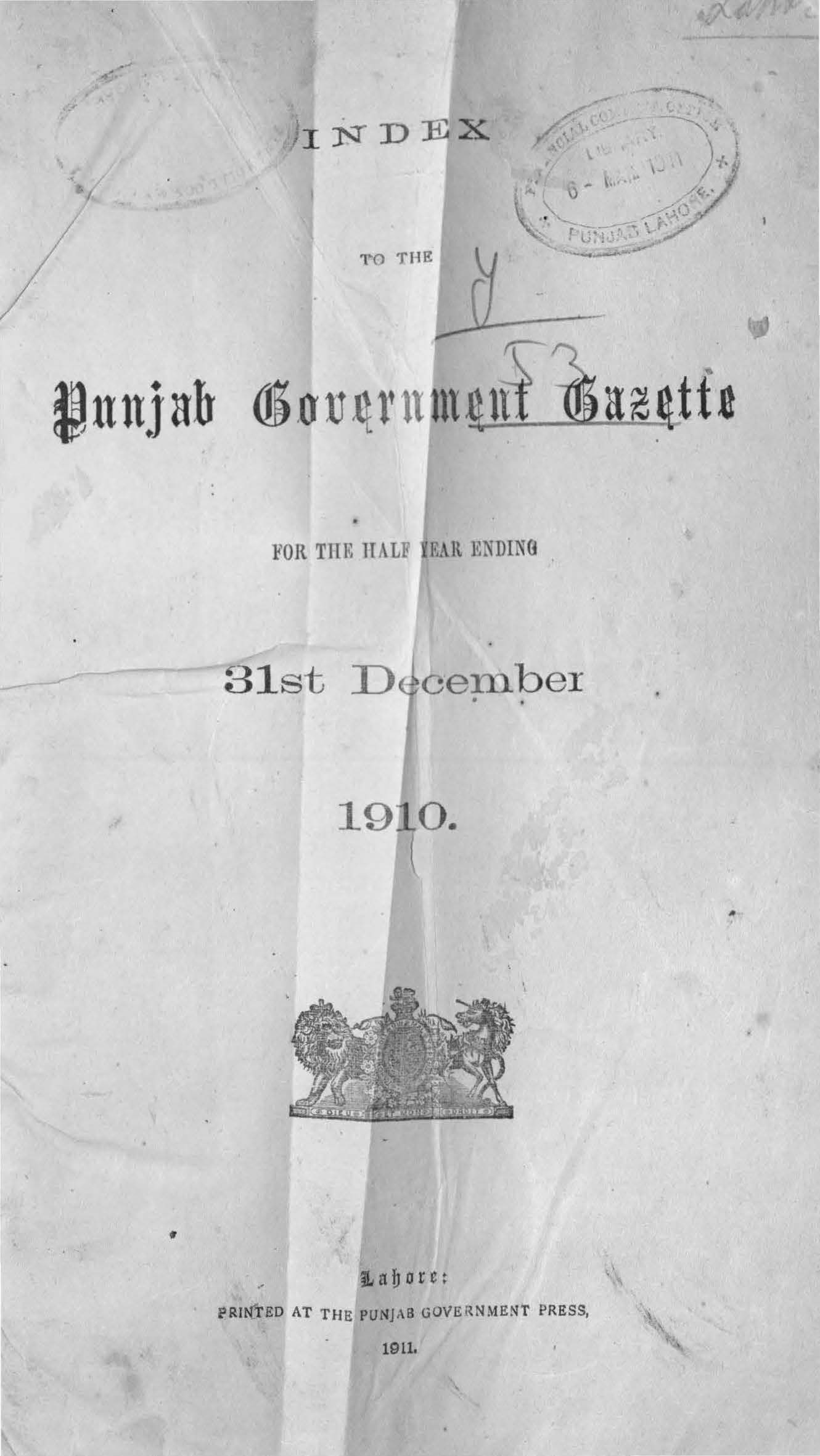 Index to Punjab Government Gazette for half year ending 30th June 1910 (Part-I General)