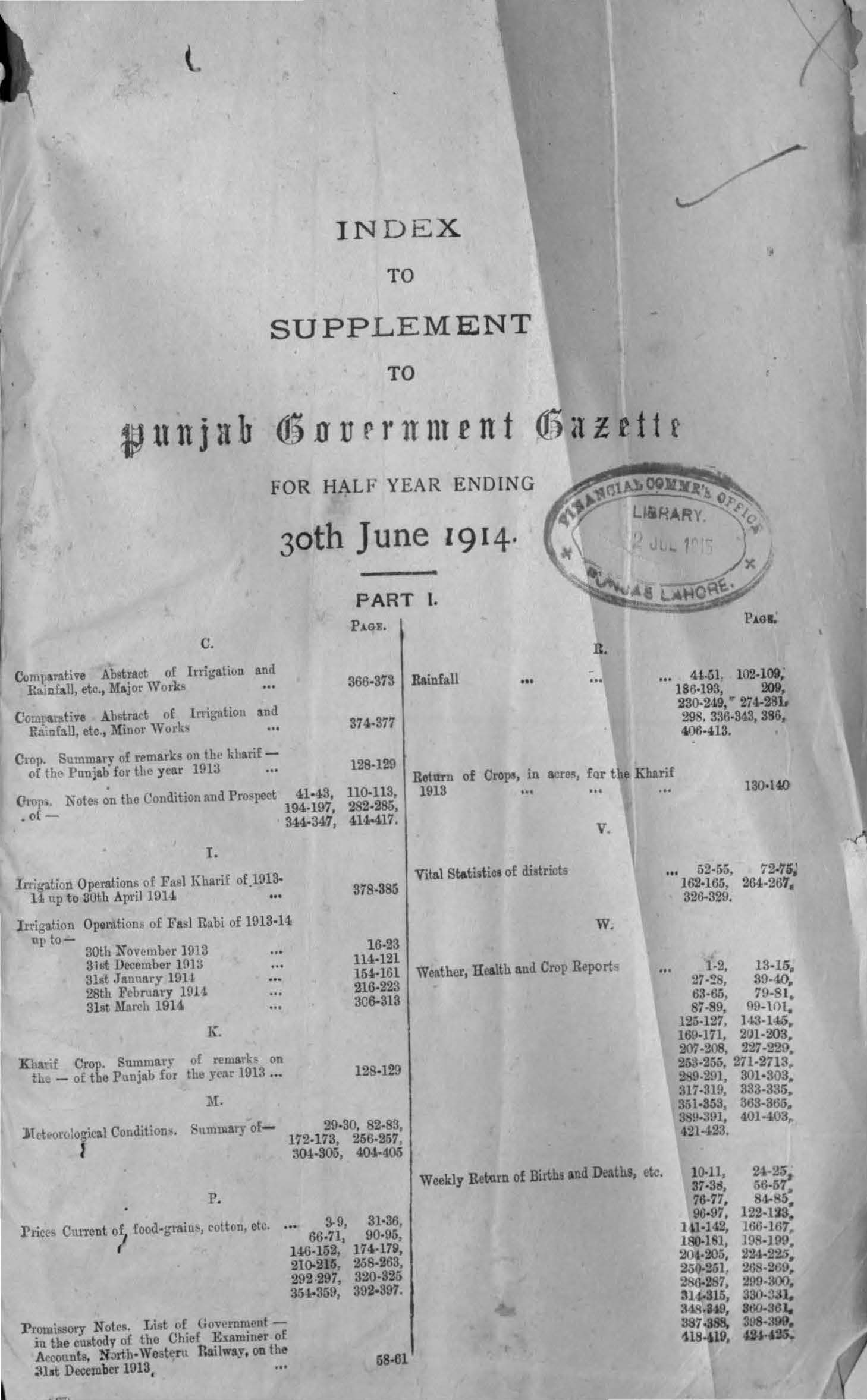 Index to Supplement to Punjab Government Gazette for half year ending 30th June 1914 (Part-I)