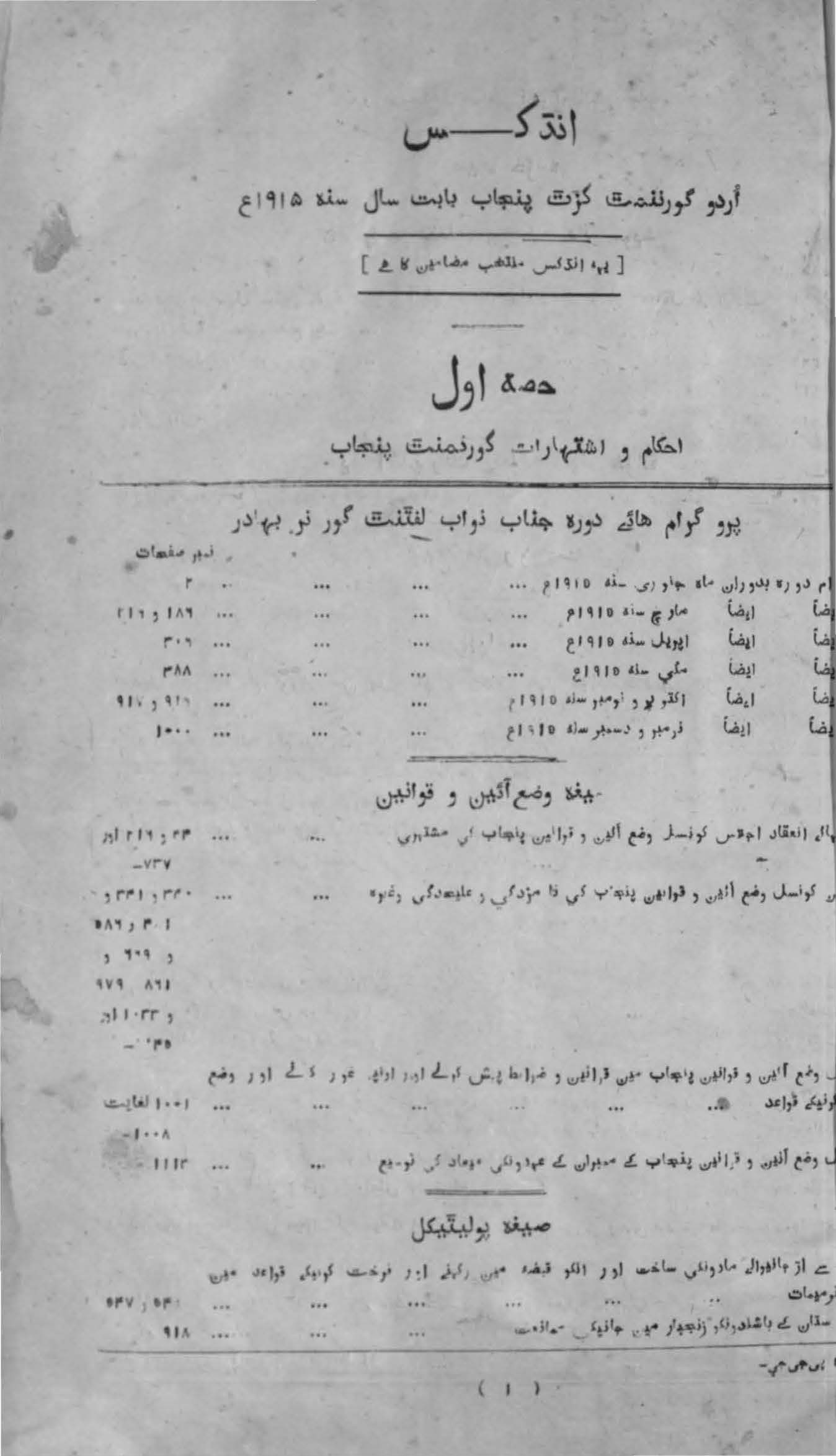 Inḍeks Urdū Gavarnmanṭ Gazaṭṭ Panjāb bābat sāl sānd 1915 : (انڈیکس اردو گورنمنٹ گزٹ پنجاب بابت سال سند 1915)