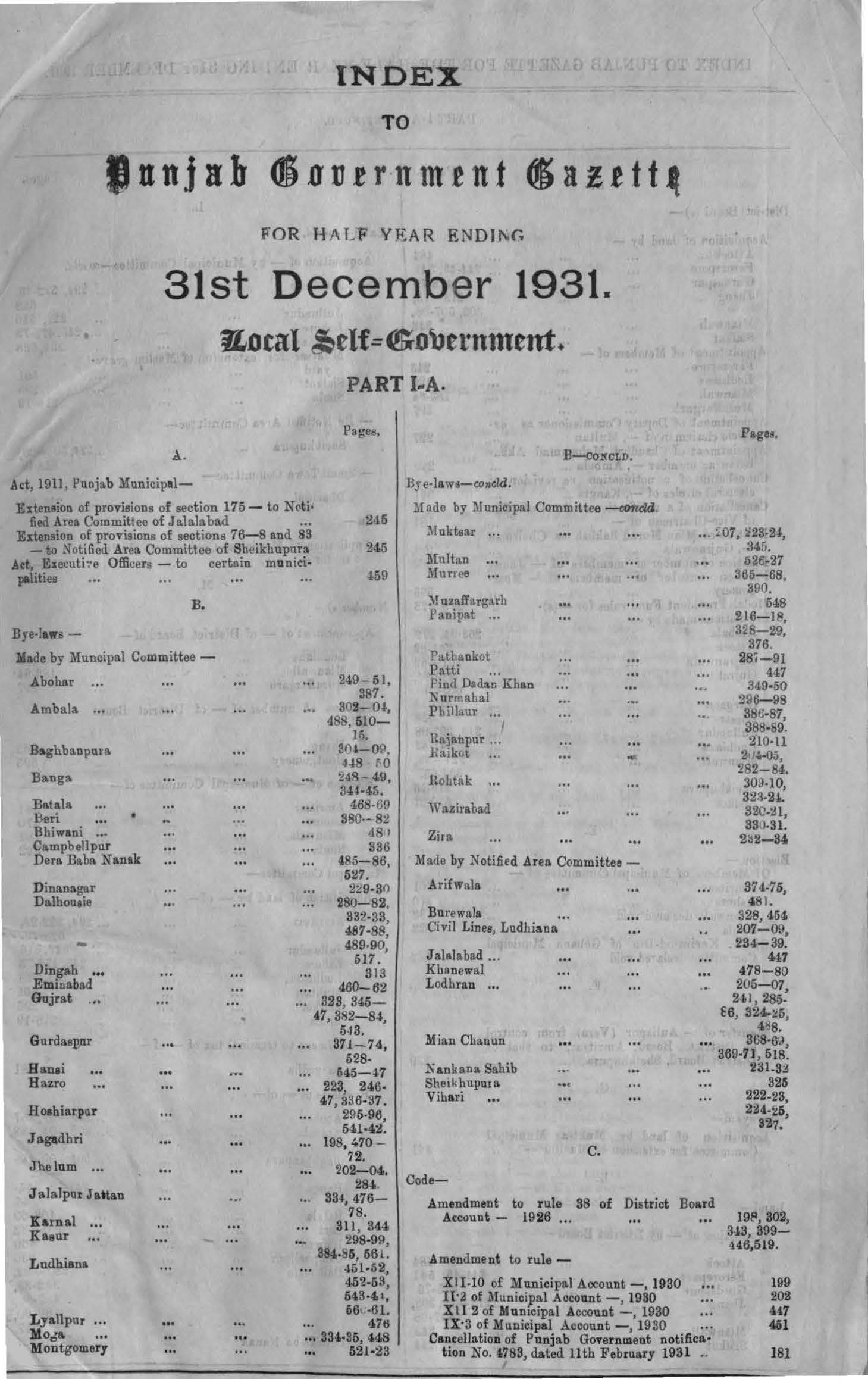 Index to Punjab Government Gazette for the half year ending 31st December, 1931 Local Self Government Part-I-A