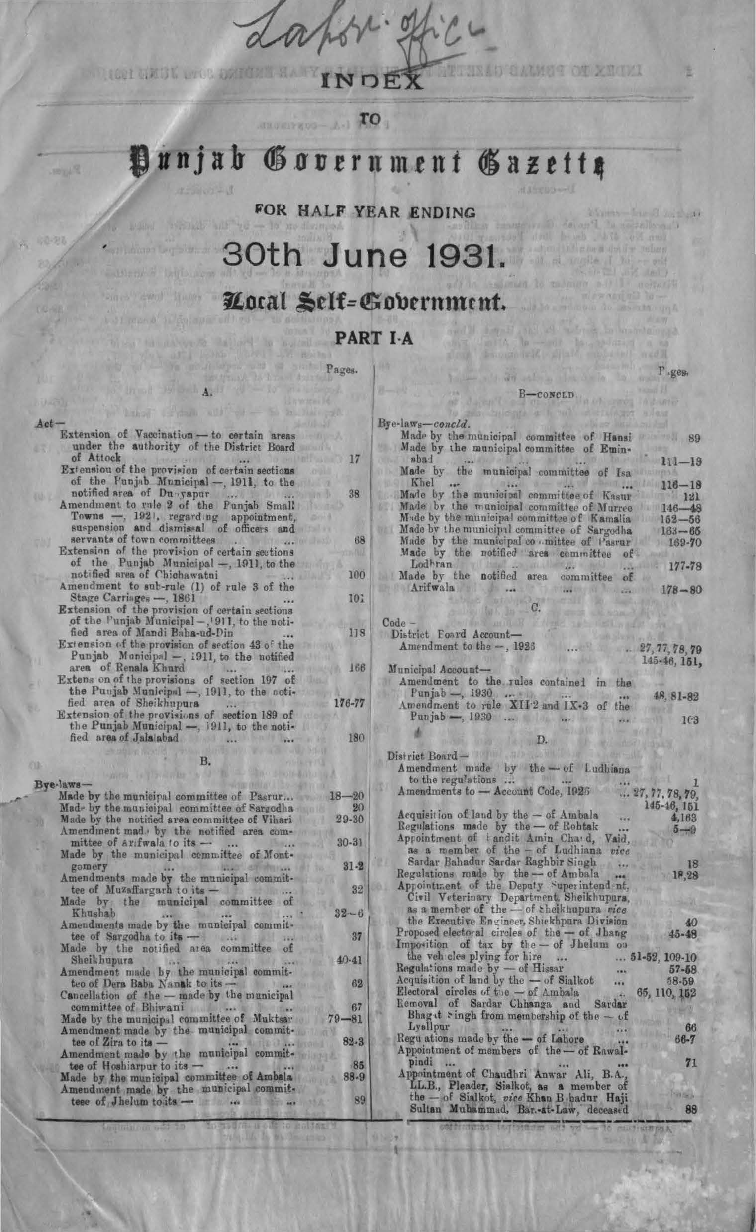 Index to Punjab Government Gazette for the half year ending 30th June 1931 Local Self Government Department Part-I A