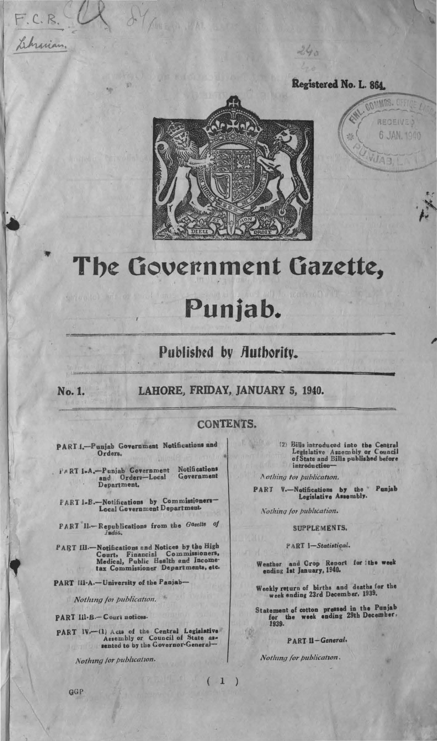 The Govenrment Gazette Punjab 1940