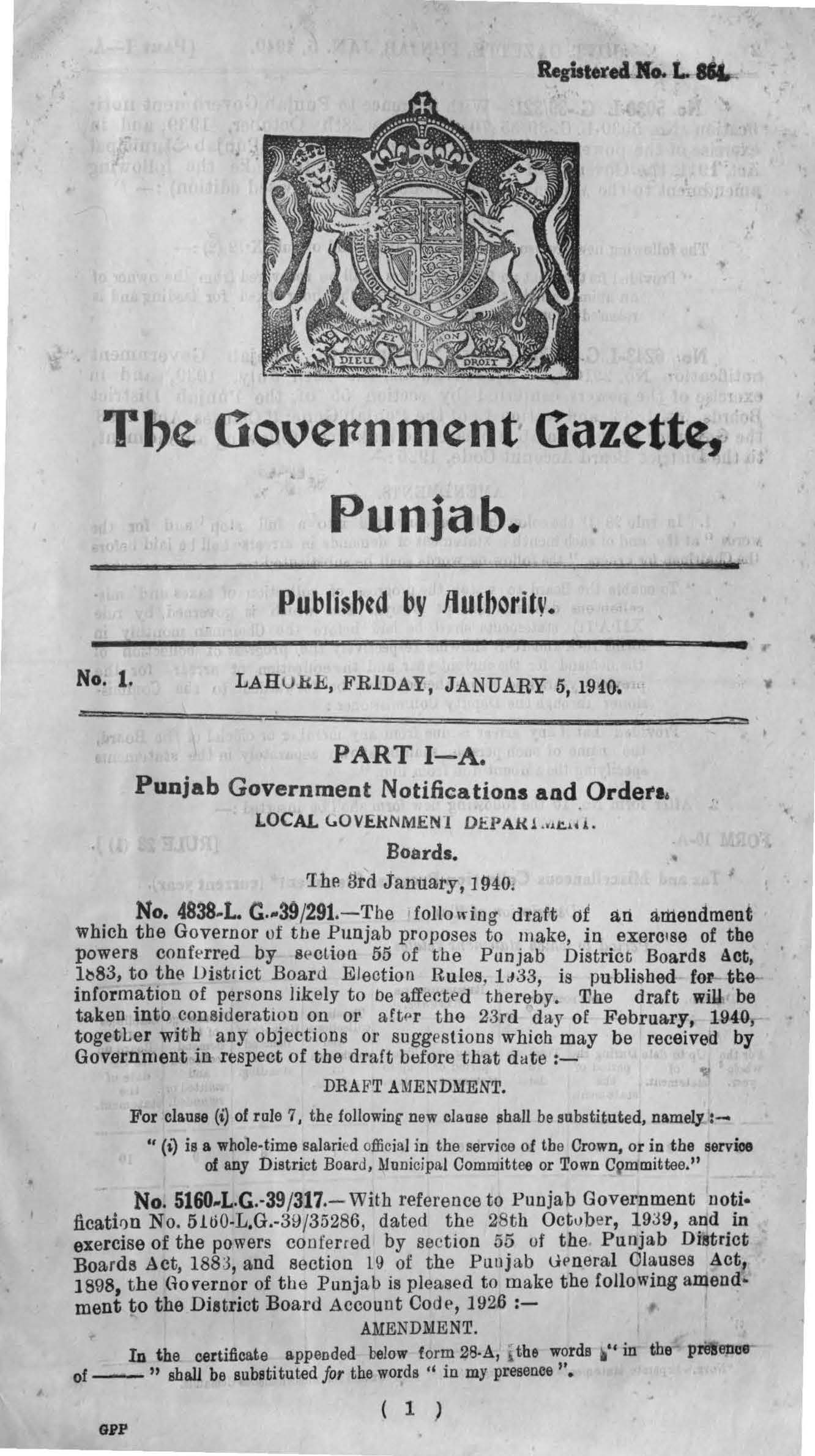 The Govenrment Gazette Punjab 1940 Part-I A (Punjab Govt.Notifications & Orders, Local Govt. Dapartment Boards)