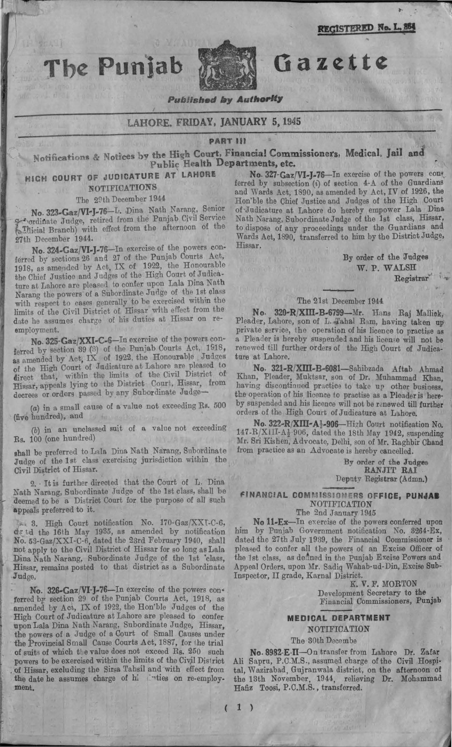 The Punjab Gazette 1945 Part-III