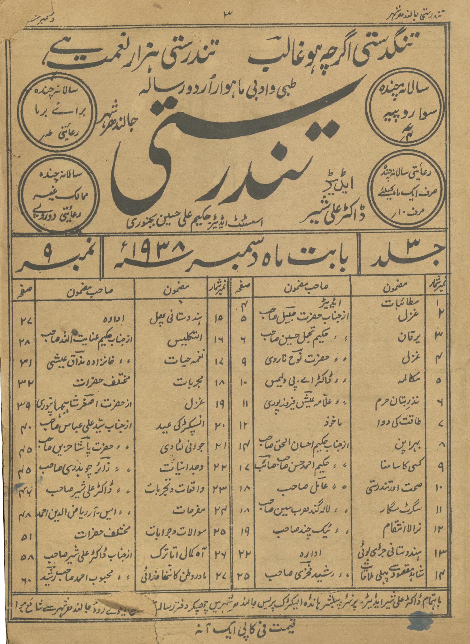 Risālah Tandrustī Disambar 1938 | رسالہ  تندرستی دسمبر 1938