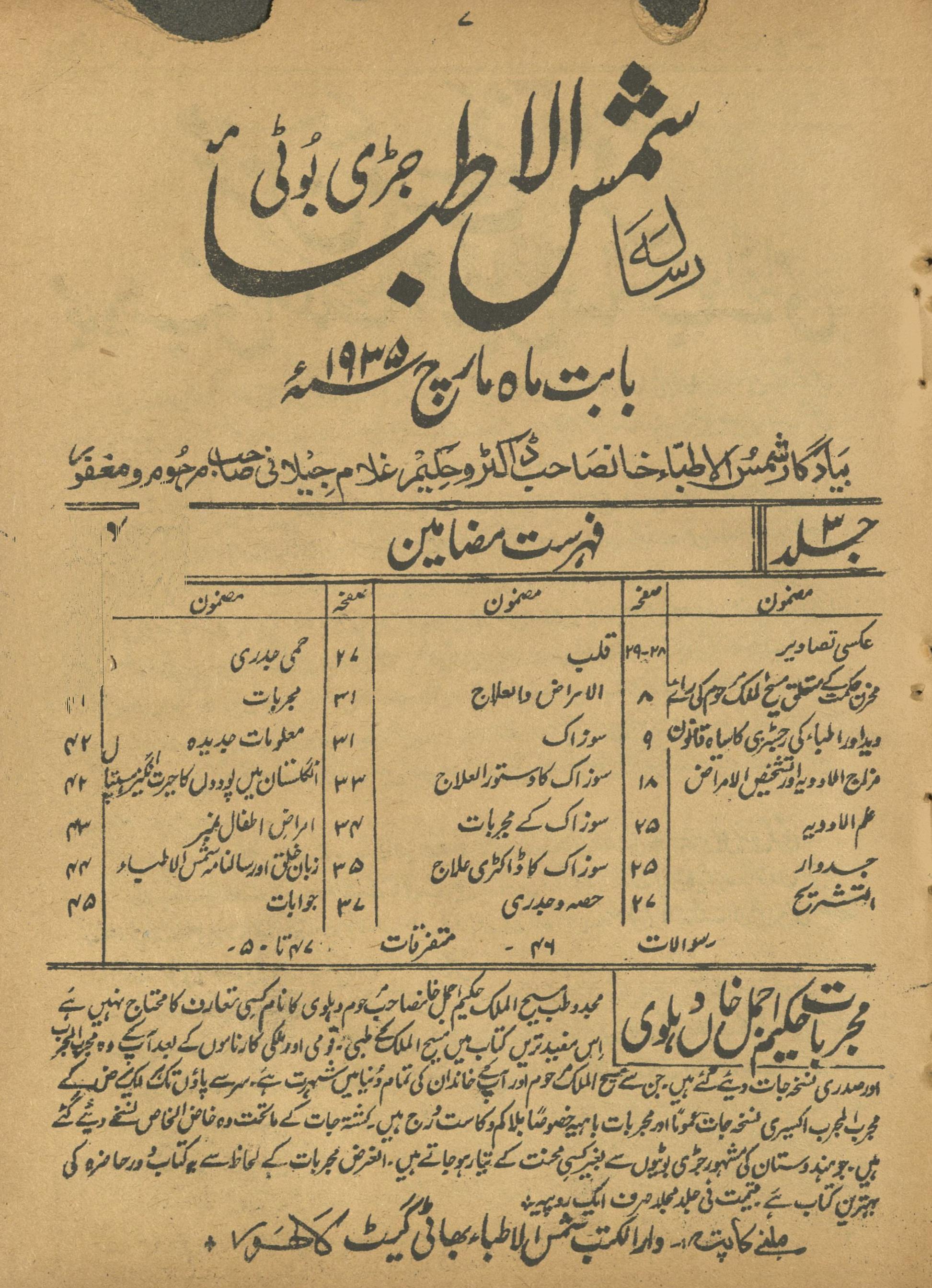 Risālah Shams al-At̤ibbā' Mārc 1935 | رسالہ شمس الاطباء مارچ 1935