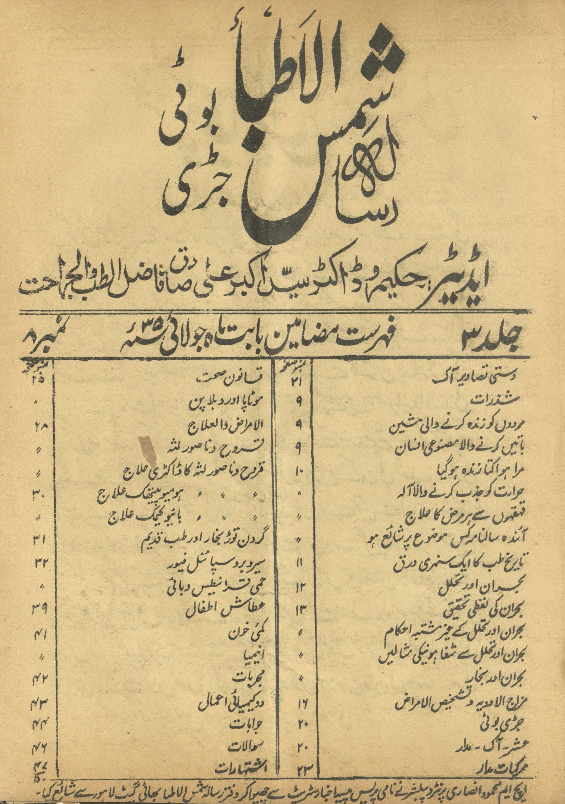 Risālah Shams al-At̤ibbā' Jūlā'ī 1935 | رسالہ شمس الاطباء جولائی 1935