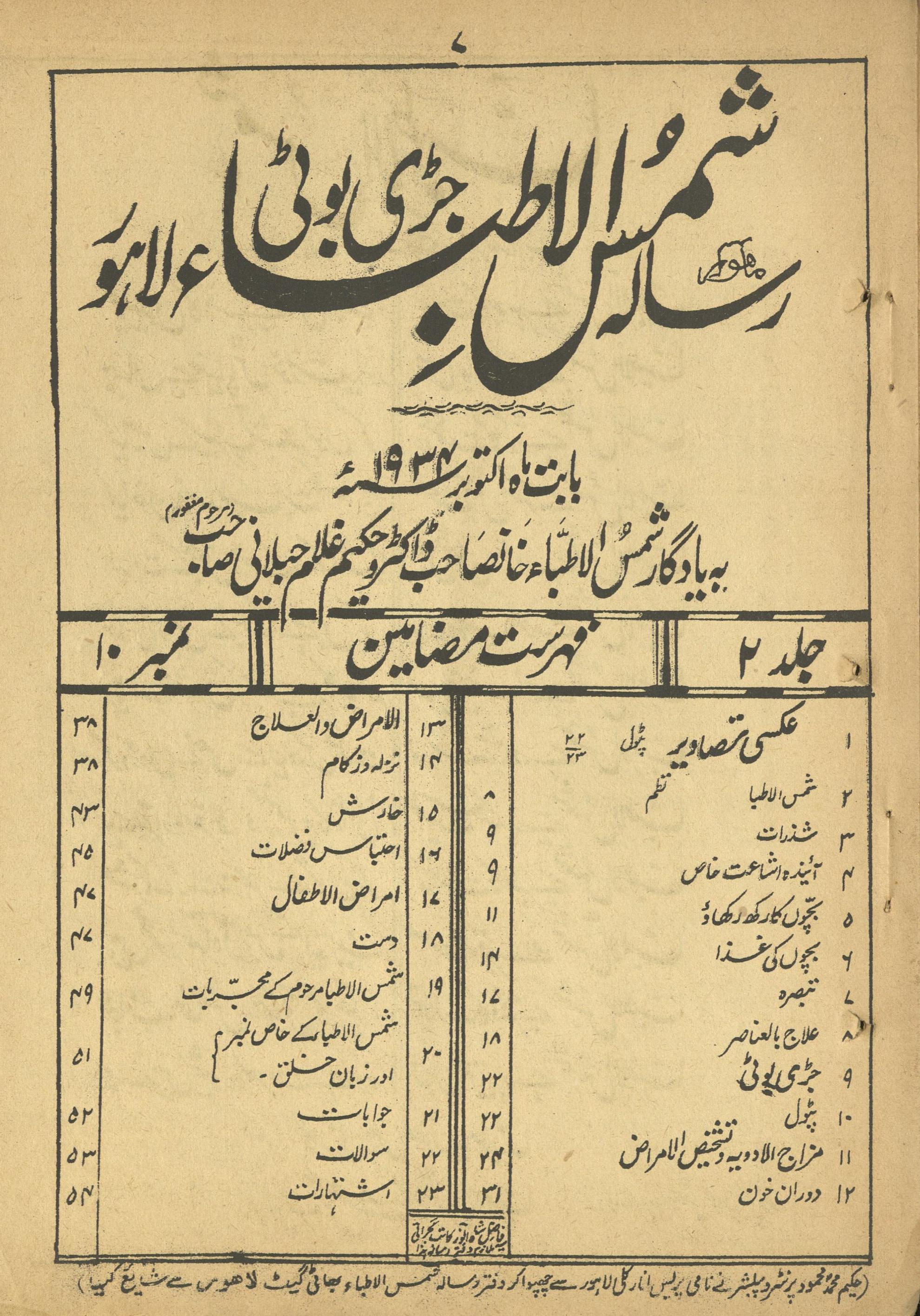 Risālah Shams al-At̤ibbā' Aktūbar 1934 | رسالہ شمس الاطباء اکتوبر 1934