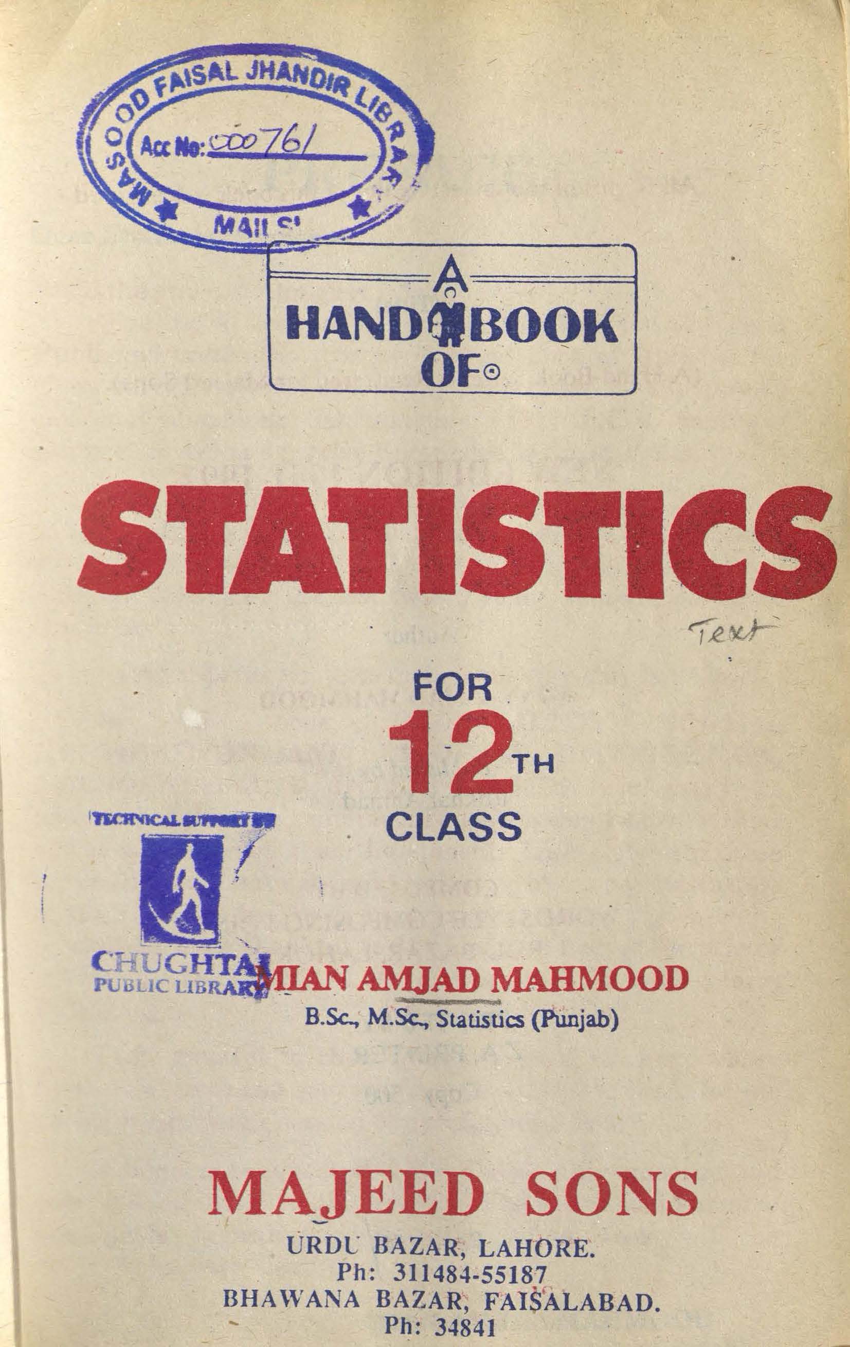 A Hand book of Statistics : for 12th Class 